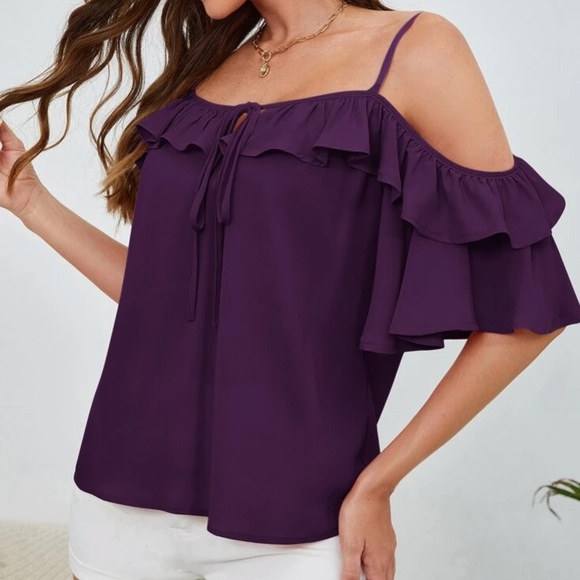Boho cold shoulder knot front ruffle hem blouse - Picture 15 of 16